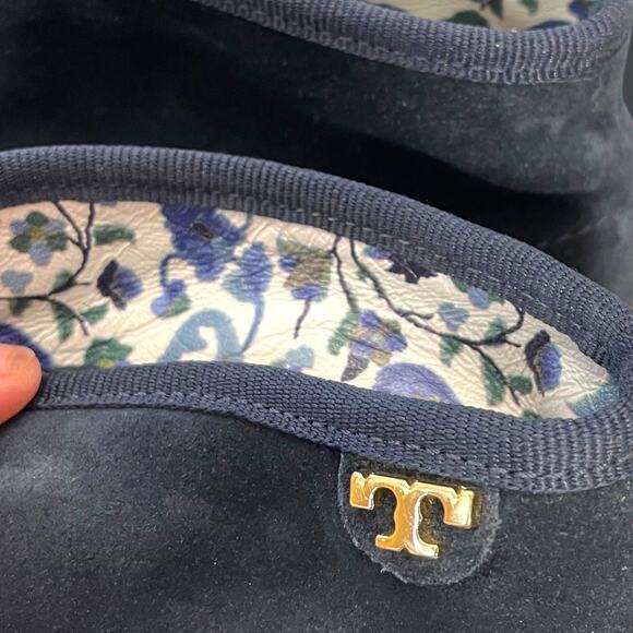 Women's TORY BURCH Blue Suede Cozy Slpper Boots Paisley Lining Rubber Sole EUC - Picture 9 of 12